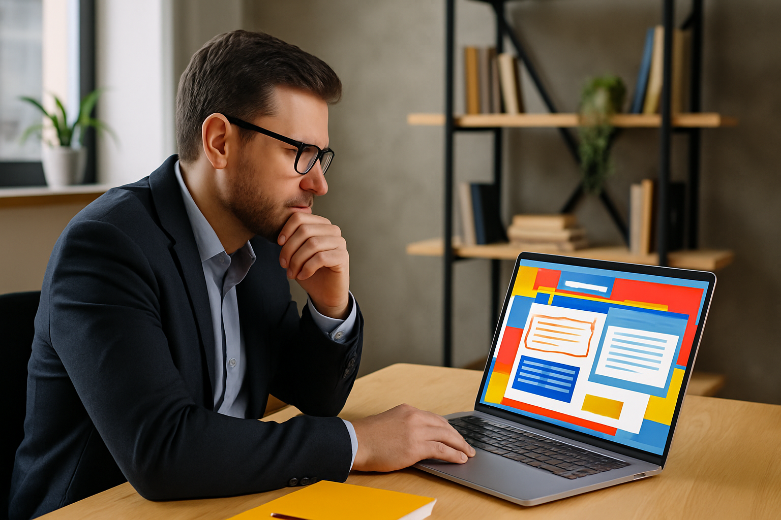 Homem contemplativo em escritĂłrio moderno